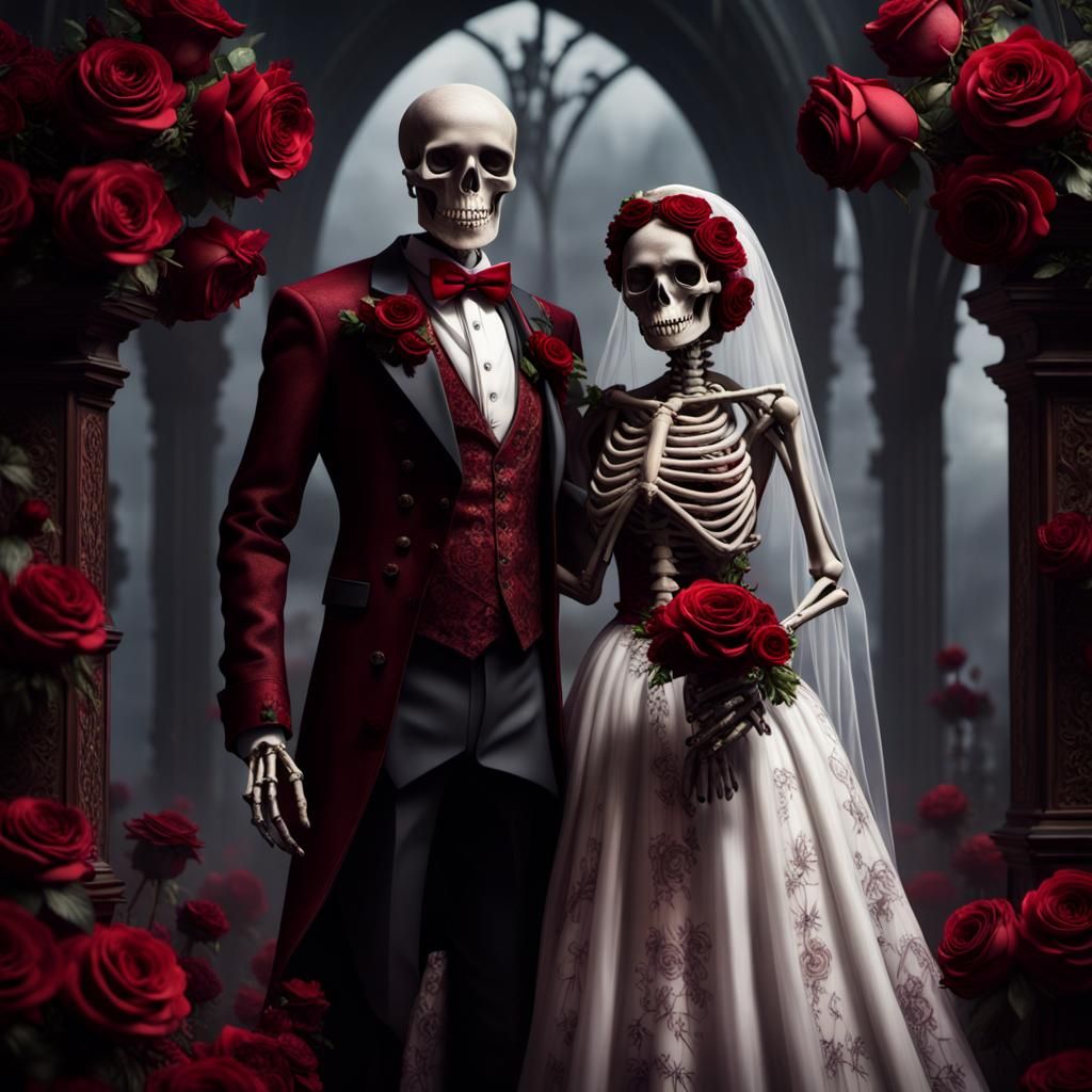 Gothic Skeleton Bride and Groom with Red Roses
