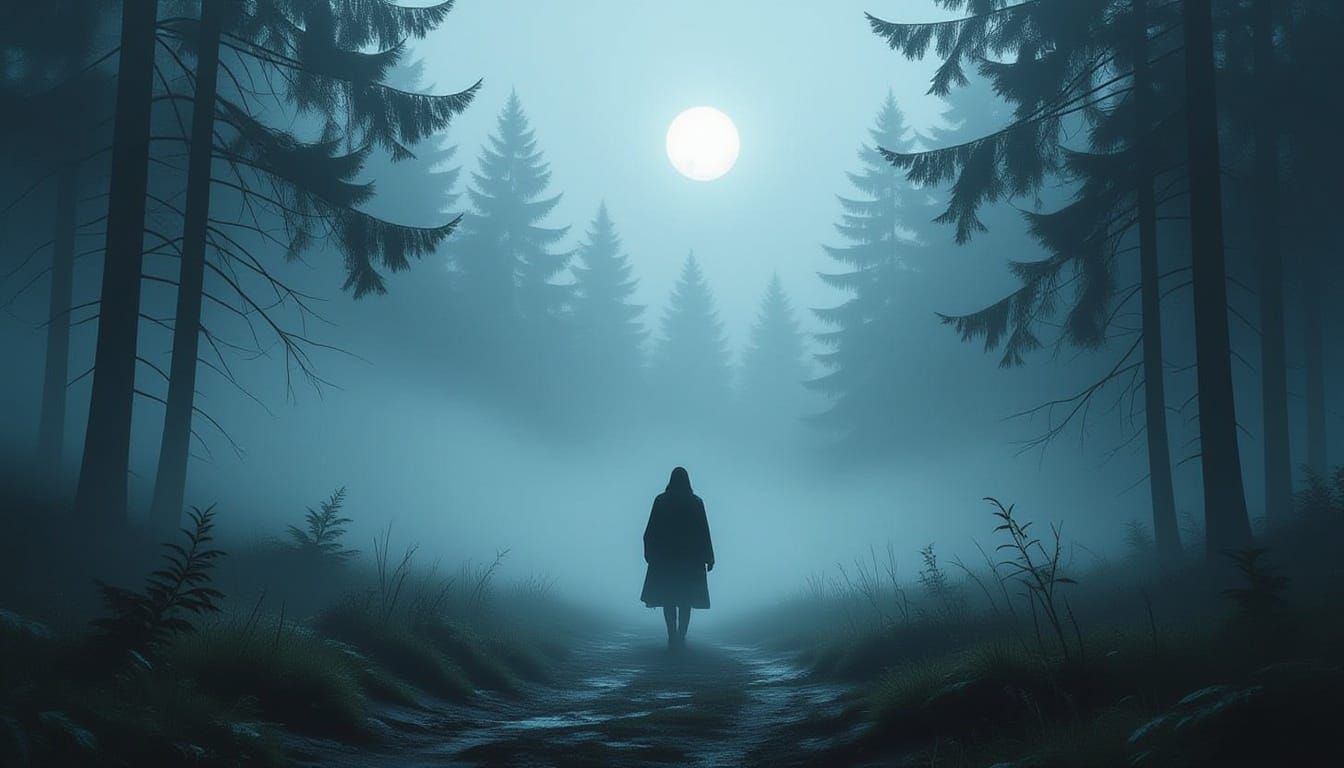 Solitary Traveler in Atmospheric Misty Forest Concept Art