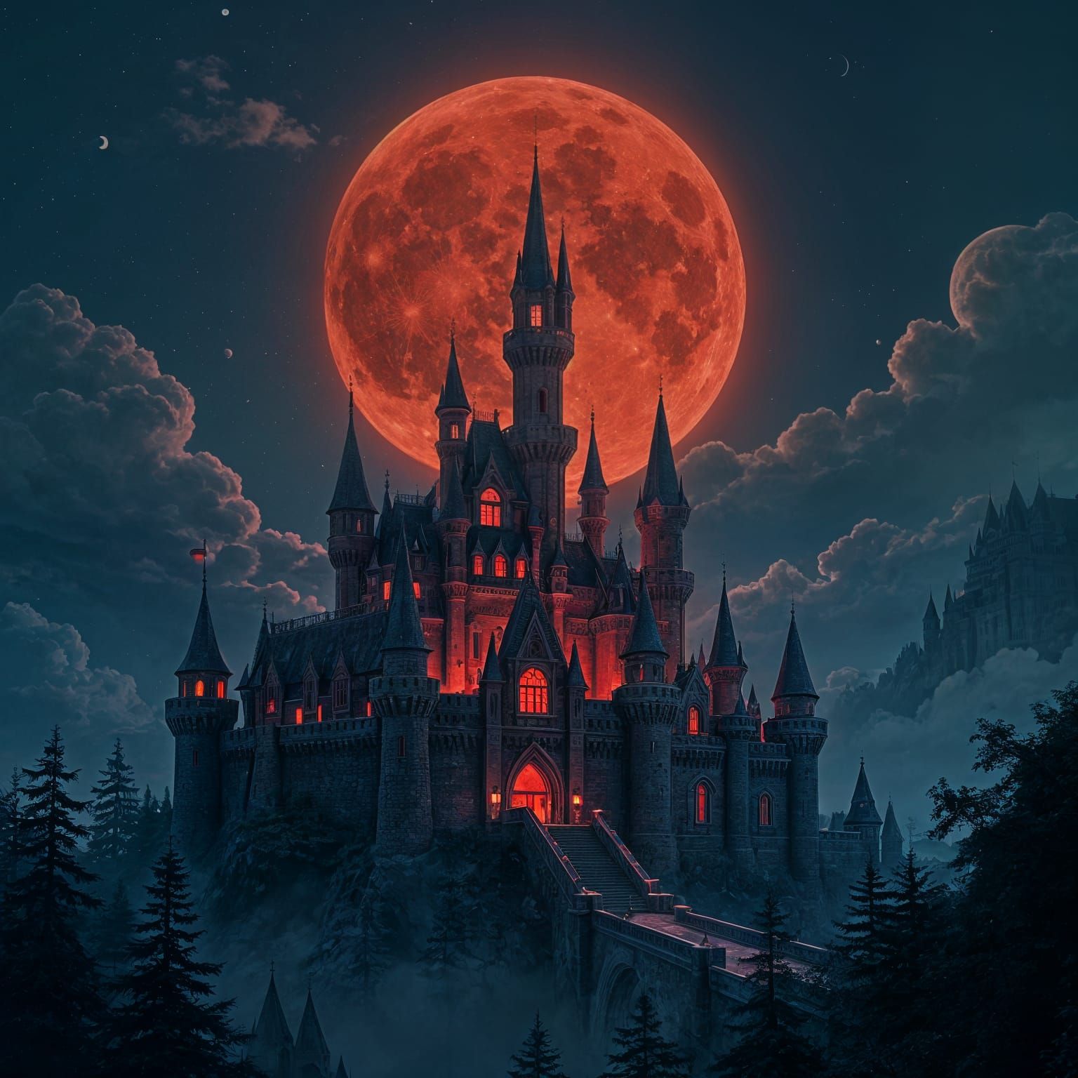 Red Castle Under Blood Crescent Moon