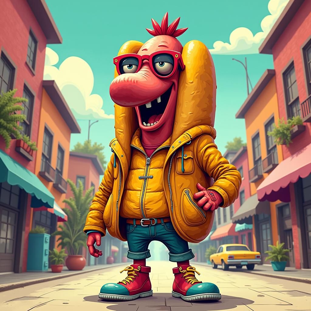 Anthropomorphic Hot Dog in Pop Art Cityscape
