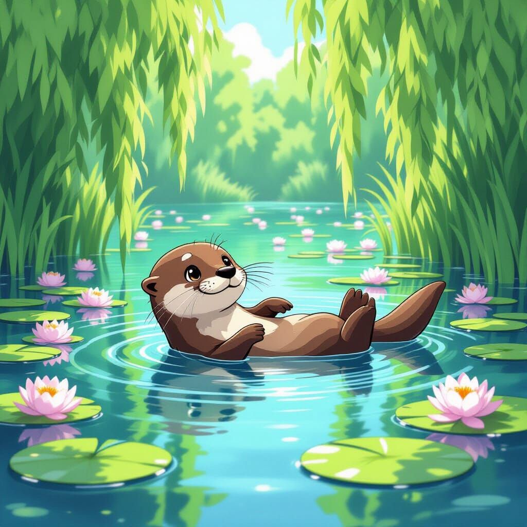 Playful Otter in Anime Style Cel-Shaded Pond