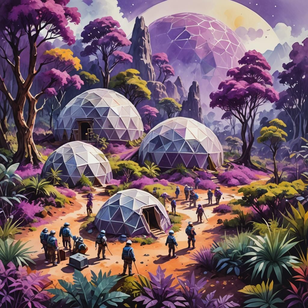 Colonists on Alien Planet in Gouache Watercolor Style