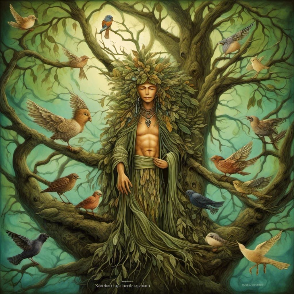 Father Nature: Tree Spirit with Birds in Art Nouveau Style
