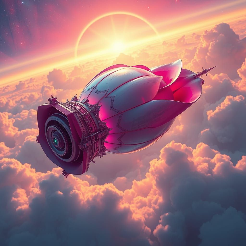 Rose Petal Spaceship Soaring Through Cosmic Clouds