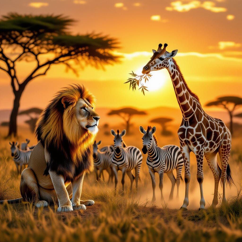 Majestic African Savanna Sunset with Wildlife