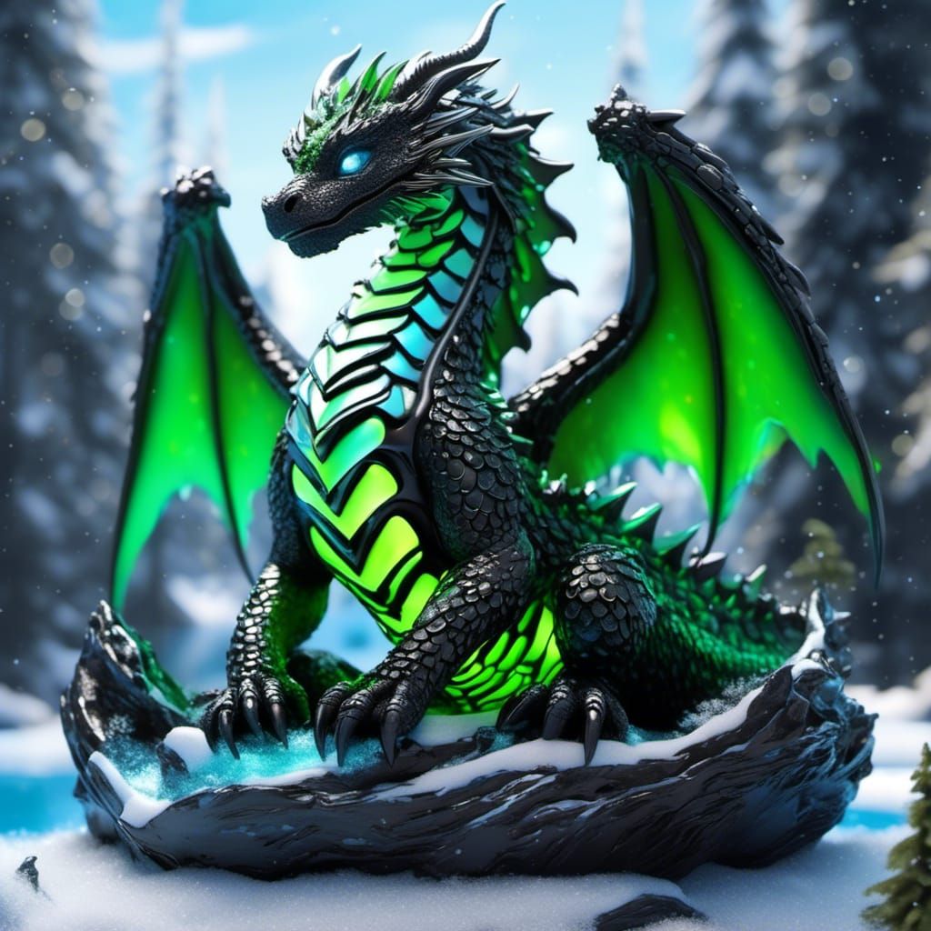 Pearlescent Green Dragon Sleeping in Snowy Mountains