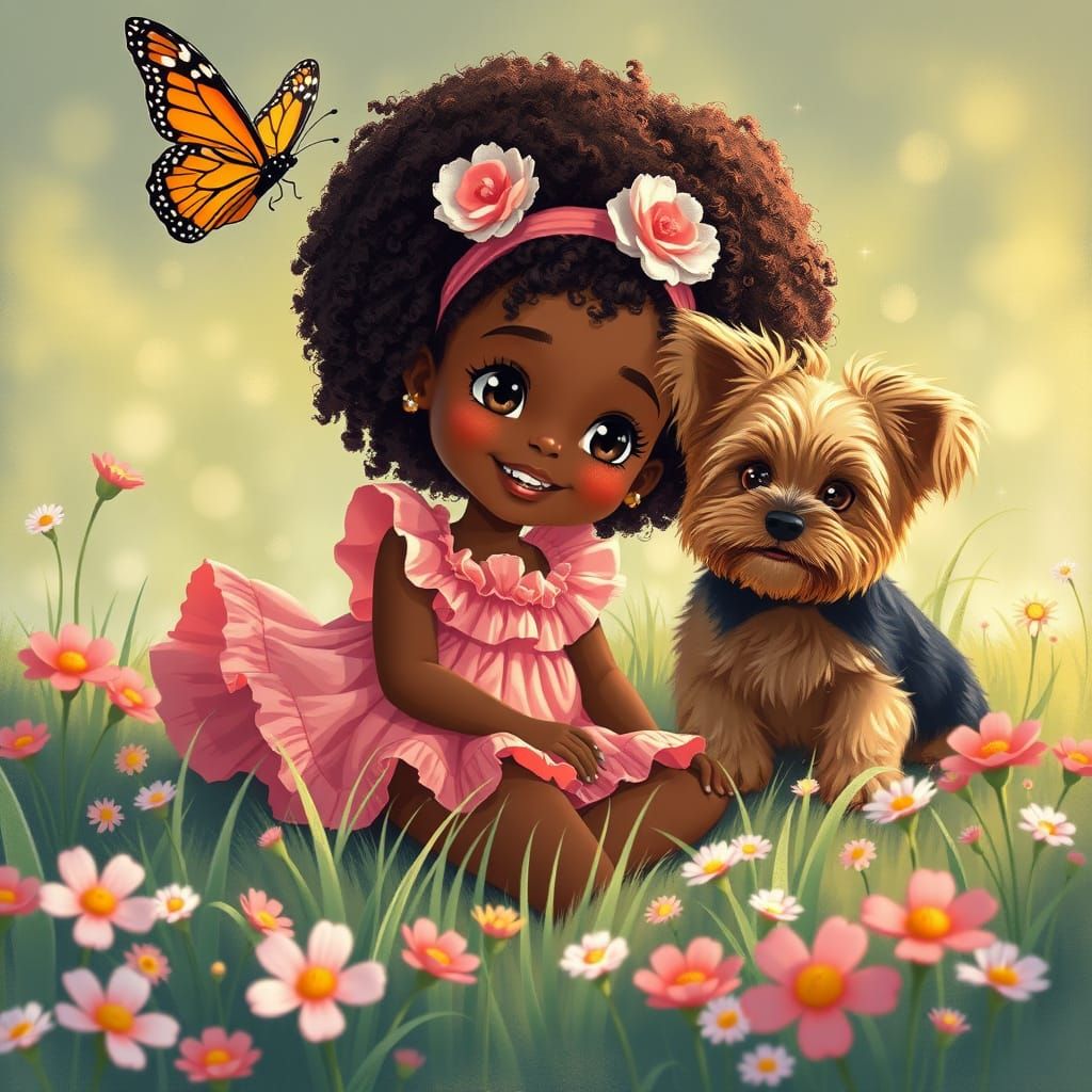 Charming Girl Reaching for Butterfly in Floral Meadow