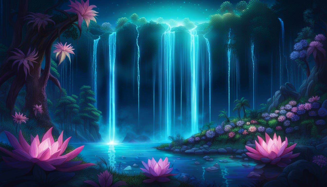 Bioluminescent Crystal Waterfall Under Aurora Moon