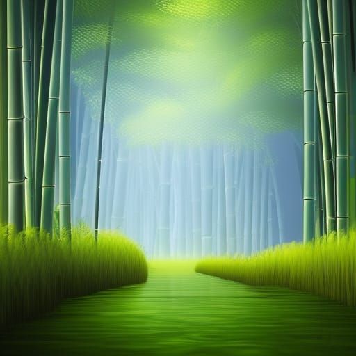 digital art, Bamboo forest, bright, side view,simple white background,Small river, few details, Ghibli, fairy tale
