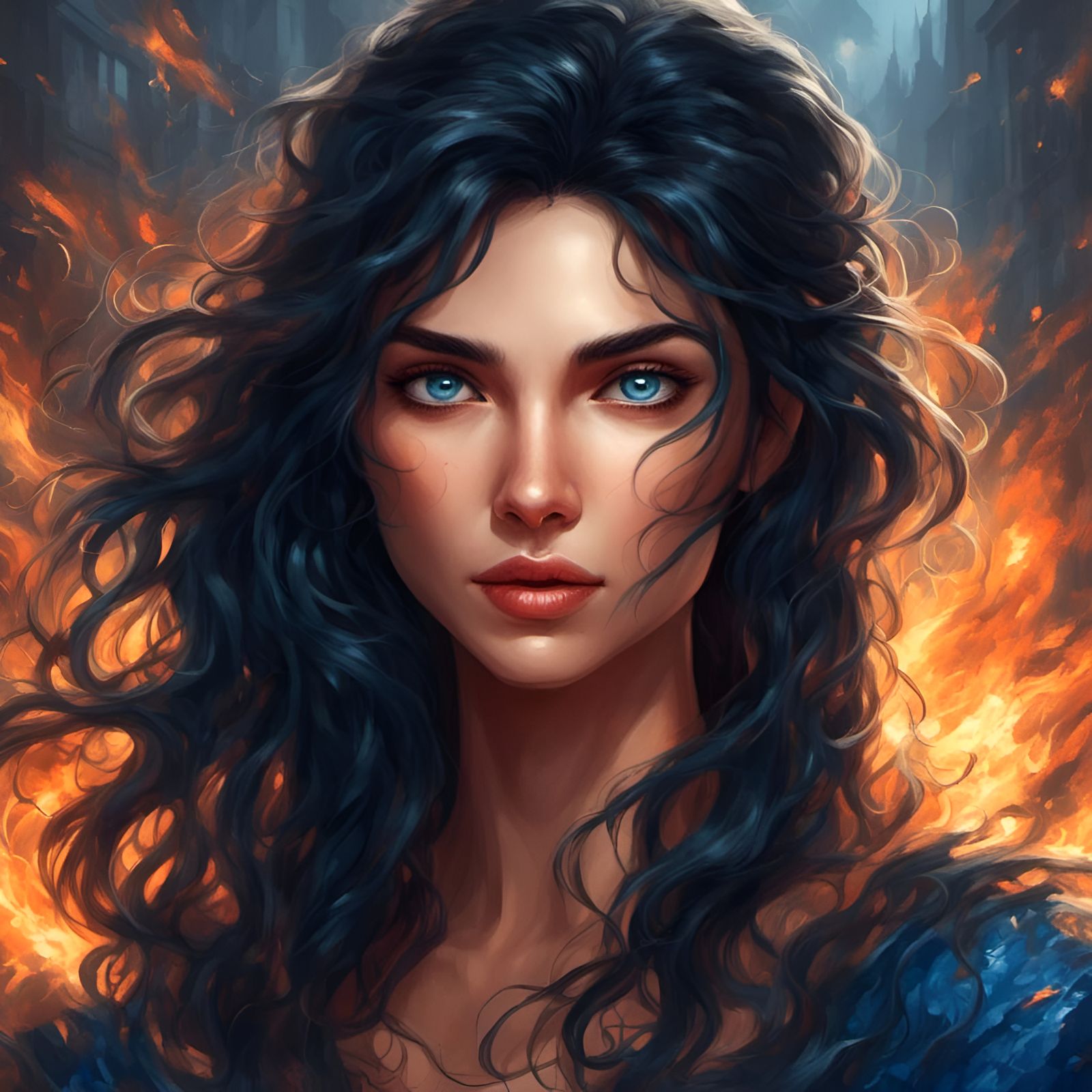 Mysterious Woman with Black Hair and Blue Eyes