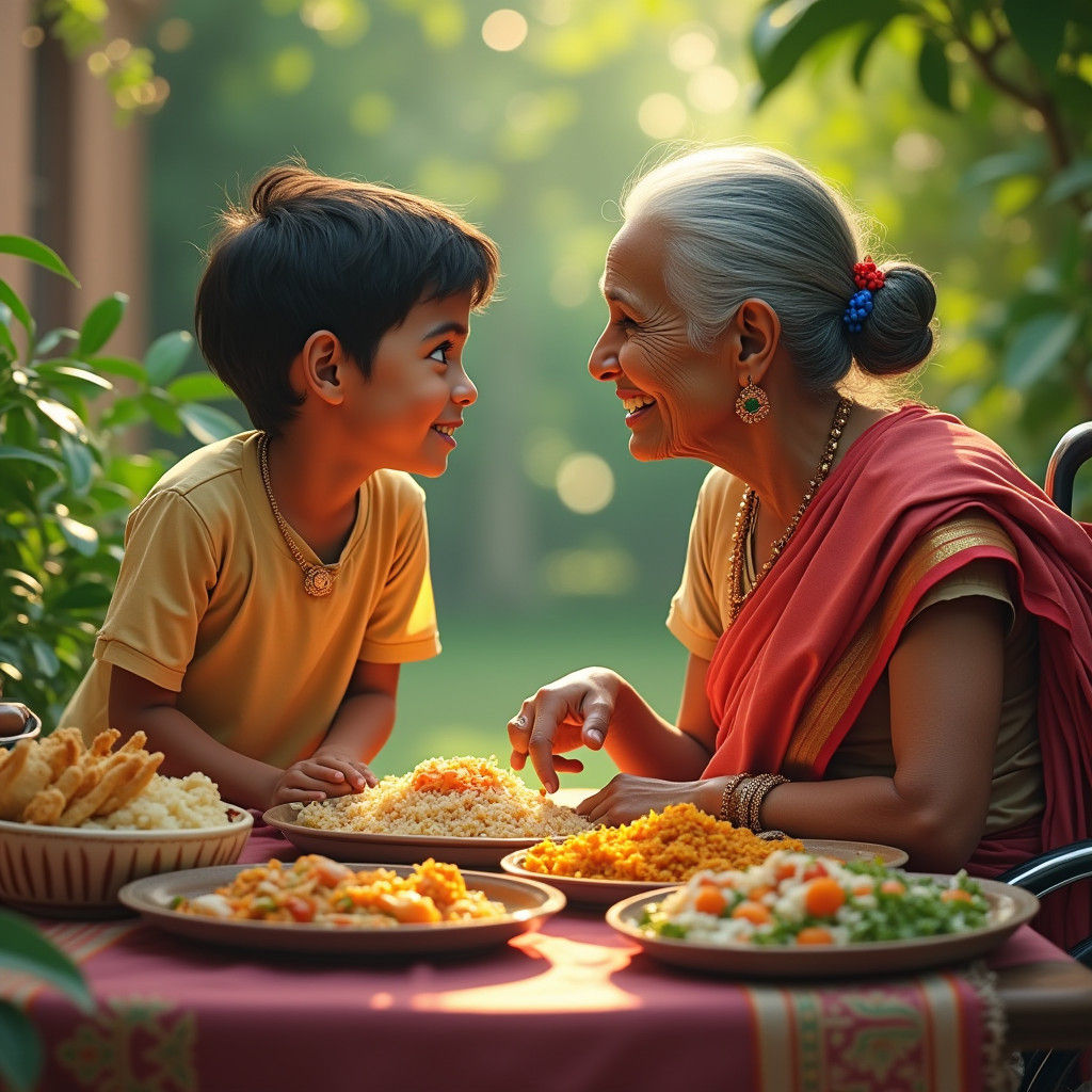 Indian Boy and Grandmother in Garden Setting