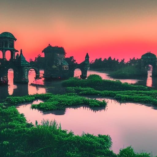 Lush Green Plants Envelop Ruined Cityscape