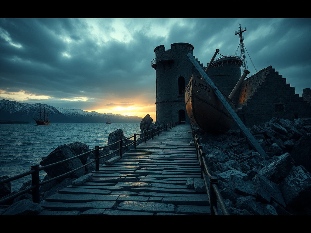 Sinister Prison Entrance on Rocky Isle in Film Noir Style