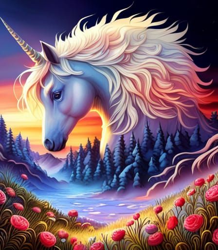 Detailed Multi-Colored Unicorn Head with Vegetation