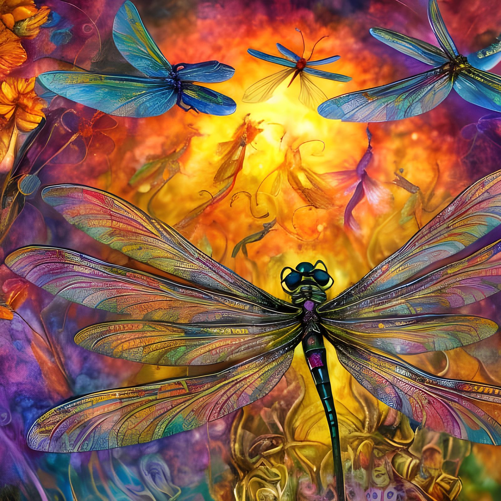 Prismatic Dragonfly in Sunlight: Watercolor Fairytale
