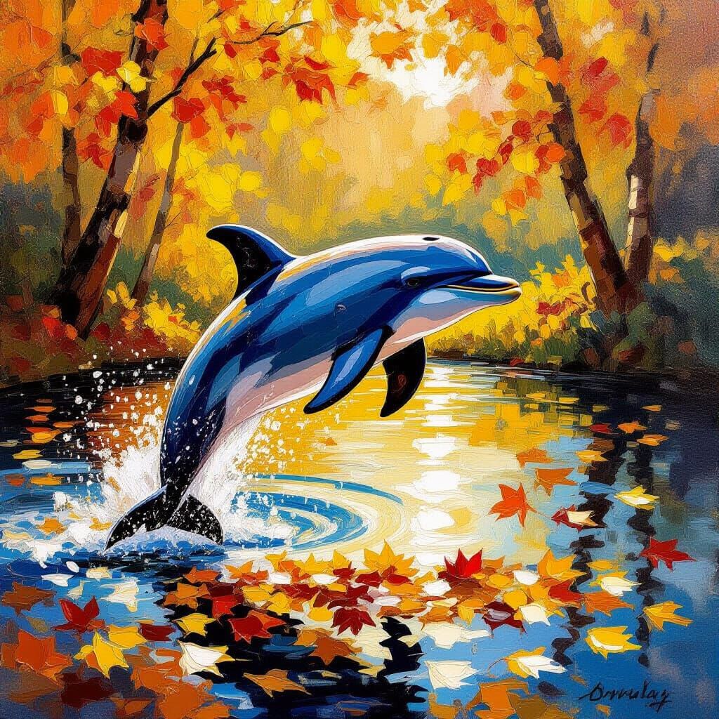 Dolphin Jumps From Autumn Leaves in Expressive Oil Painting