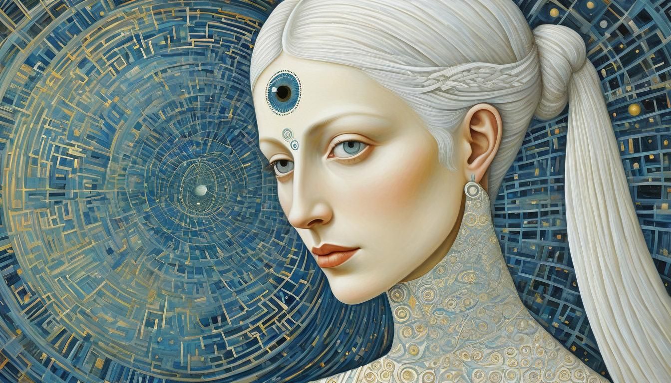 Fairytale Girl with Birds Watching Stars in Magic Realism