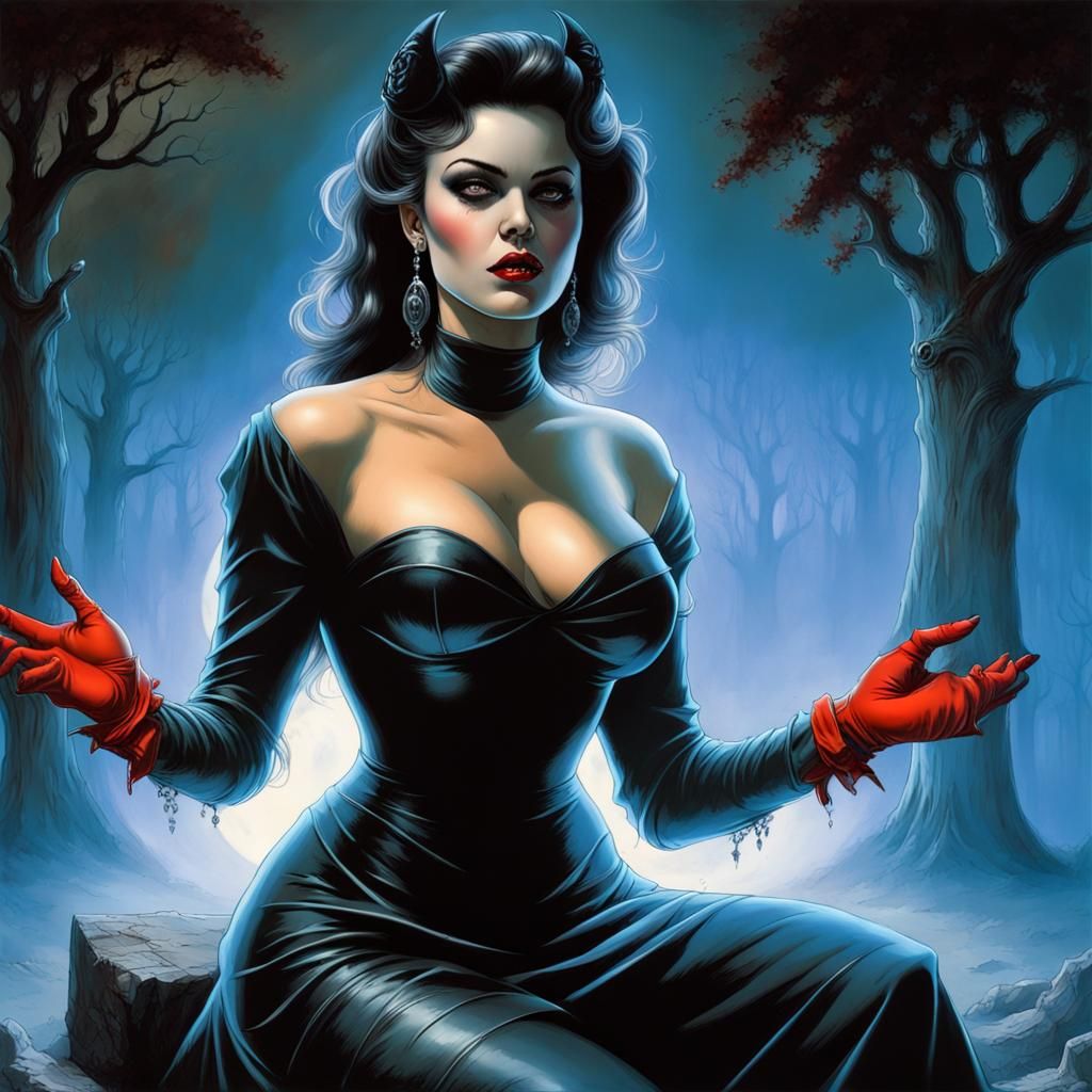 Gothic Model in Haunted Graveyard, Photorealistic Comic Art