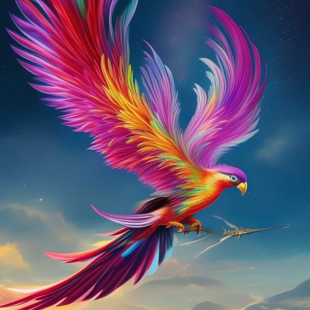 Rainbow Phoenix with Iridescent Feathers: Digital Painting
