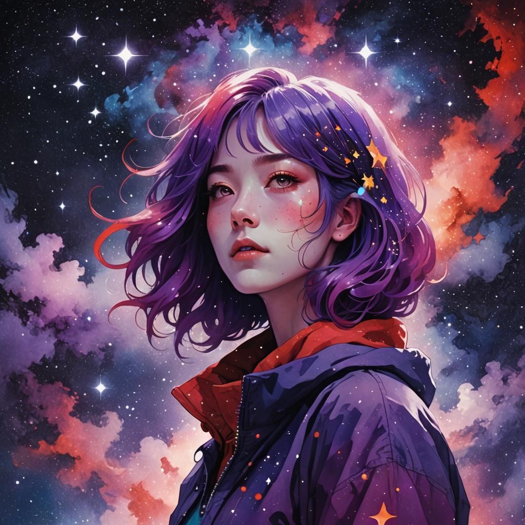 Purple Haired Woman in Starry Nebula: Digital Illustration