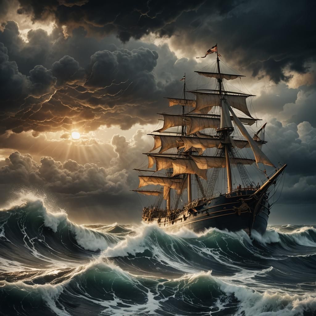 Ship at Sea in Stormy, Dramatic Seascape