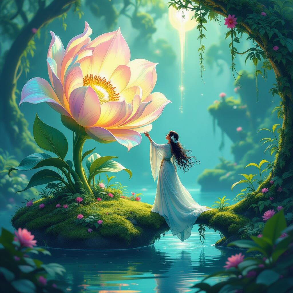 Art Nouveau Alien Botanist Tending Giant Glowing Flower