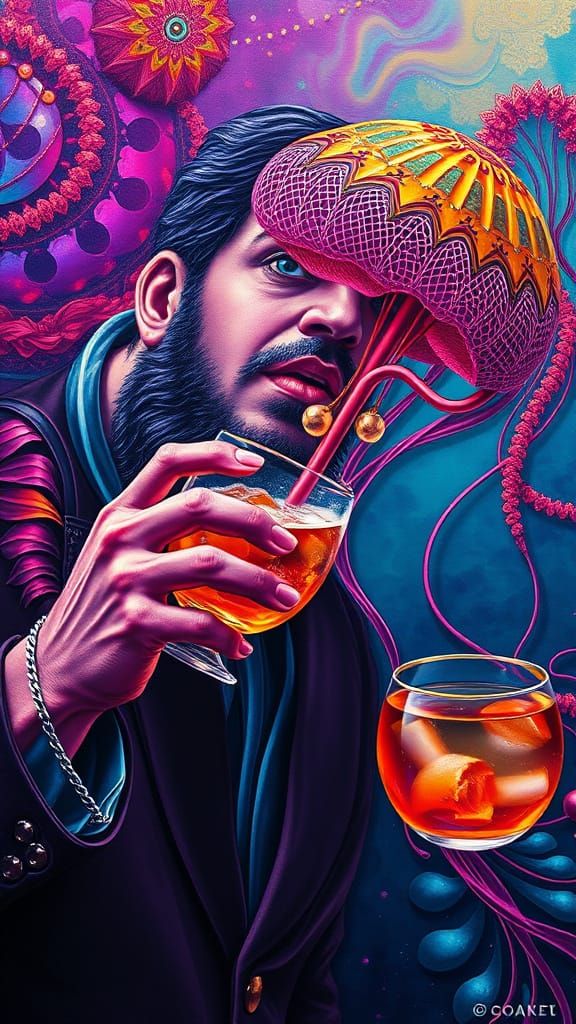 Man Drinking a Jellyfish Sting Fizz Cocktail Moebius contras...