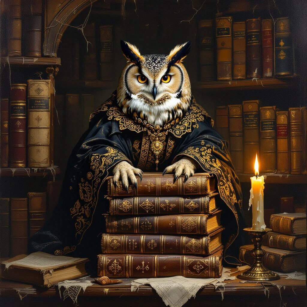 Wise Old Owl in a Mystical Library