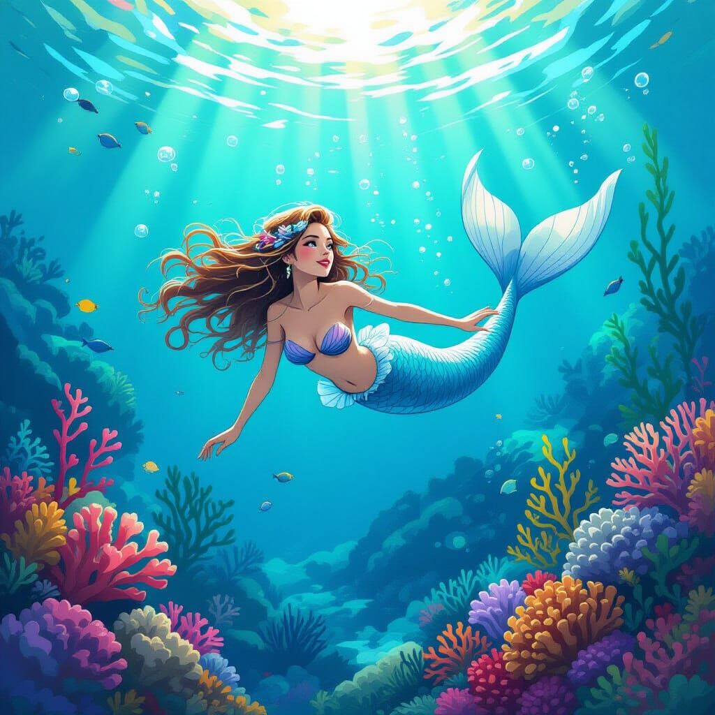 Whimsical Mermaid in Vibrant Underwater Scene