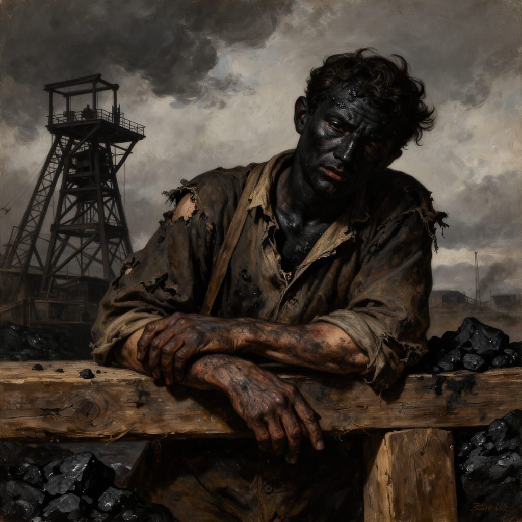 Exhausted Miner in 19th Century Coal Pit