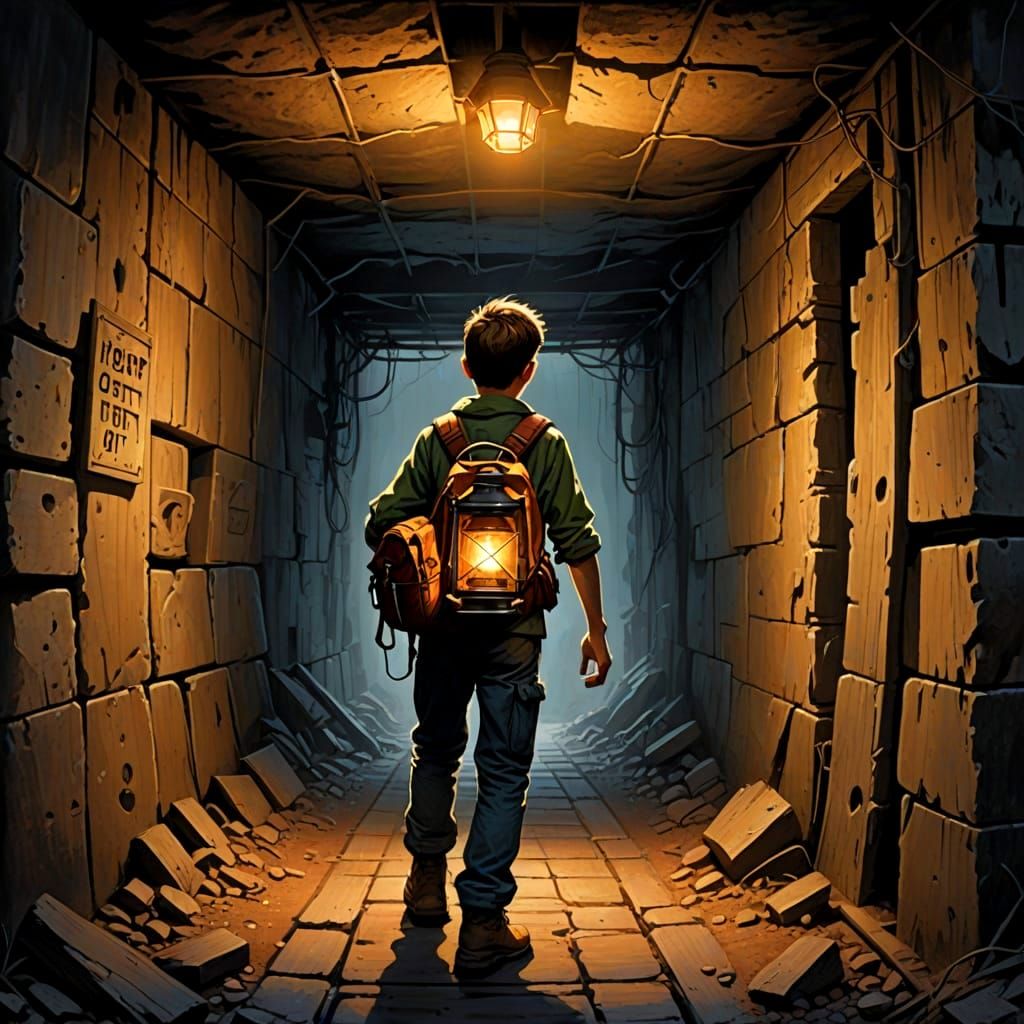 Boy Enters Abandoned Mine Shaft with Lantern