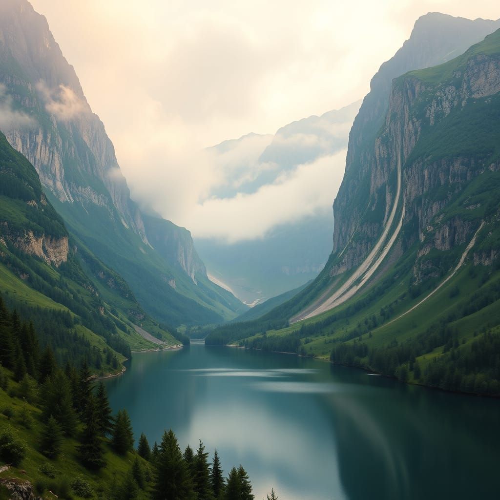 Romantic Mountain Lake Scene in Gentle Light