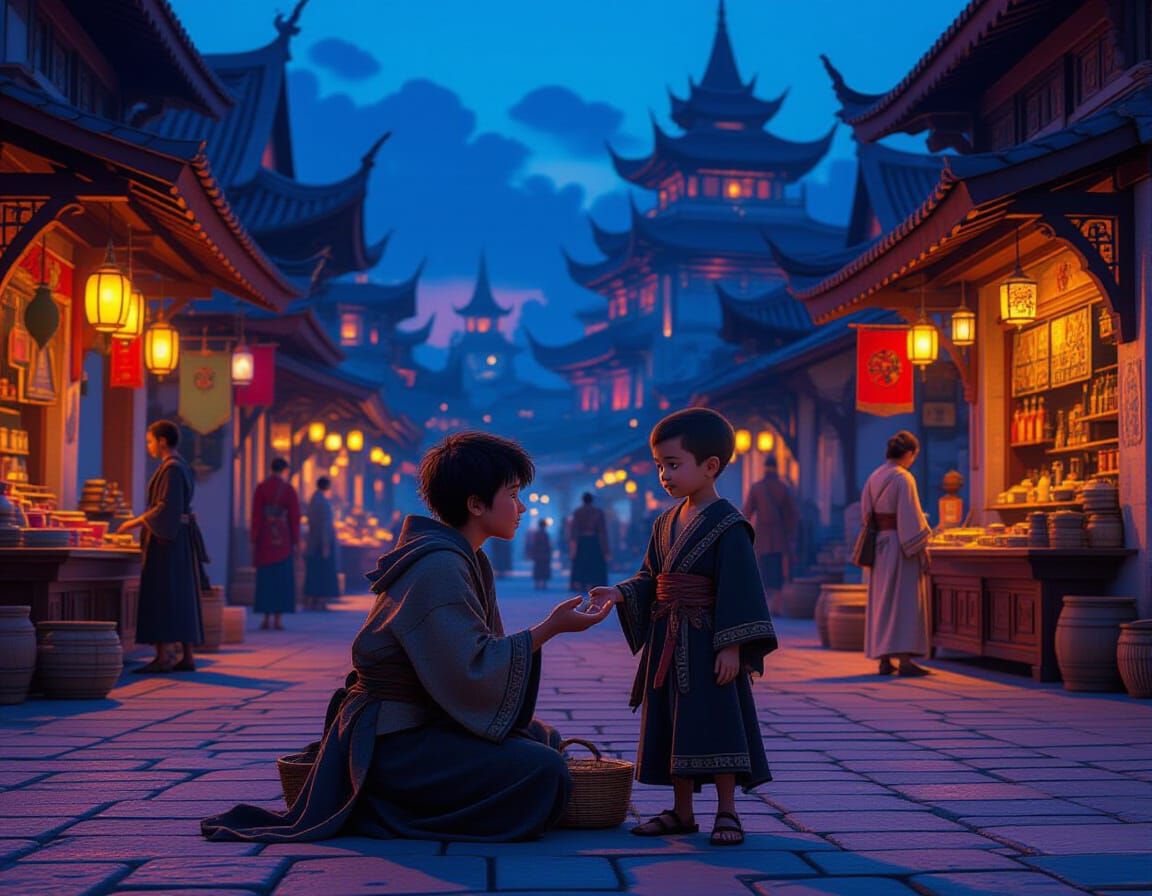 Twilight Market Scene in Mediterranean-Thai Style