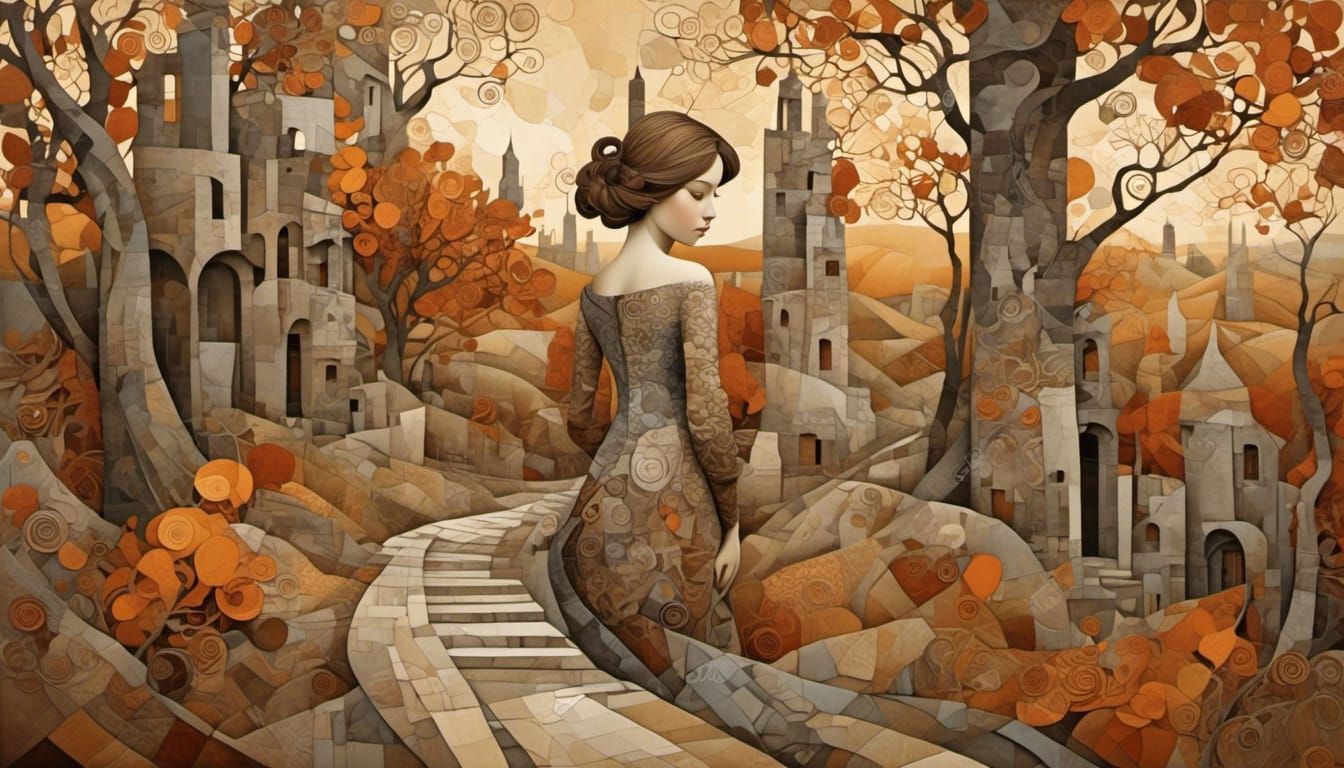 Girl's Journey to Stone Tower at Sunset