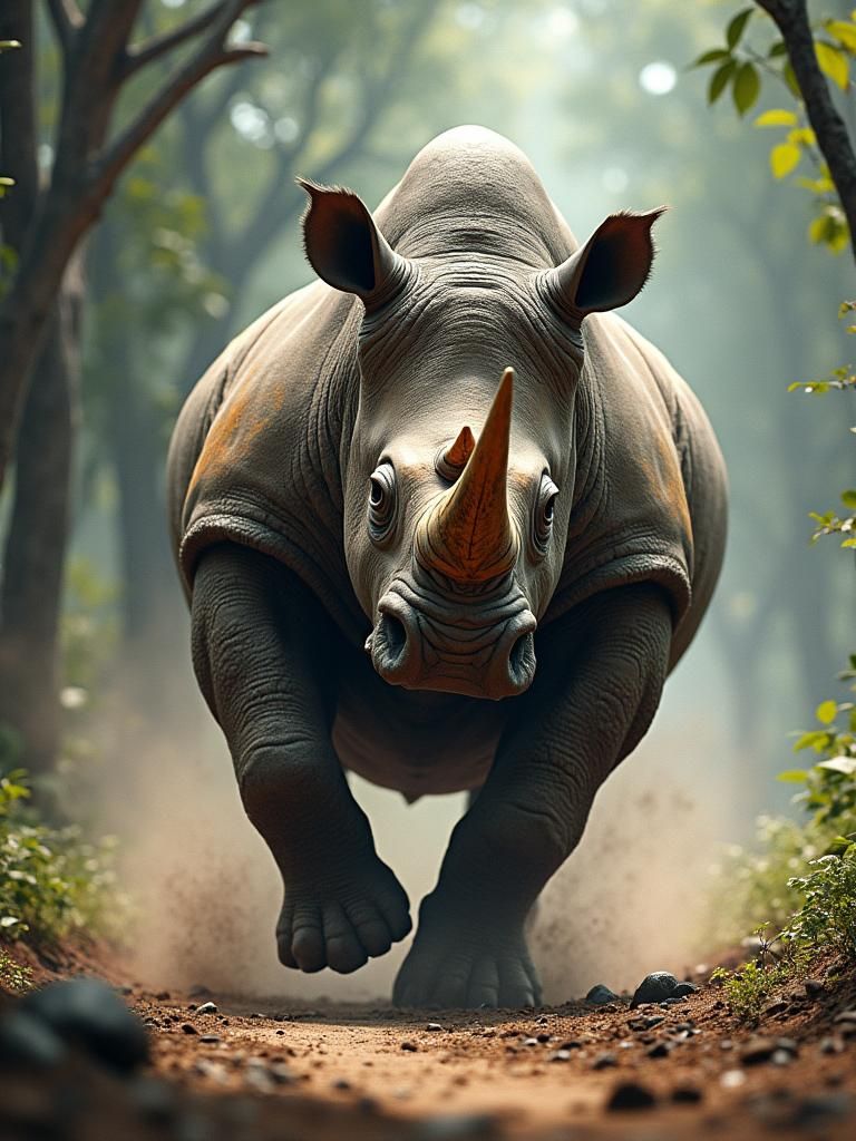 Charging Rhino in Hyper-Realistic Matte Painting Style