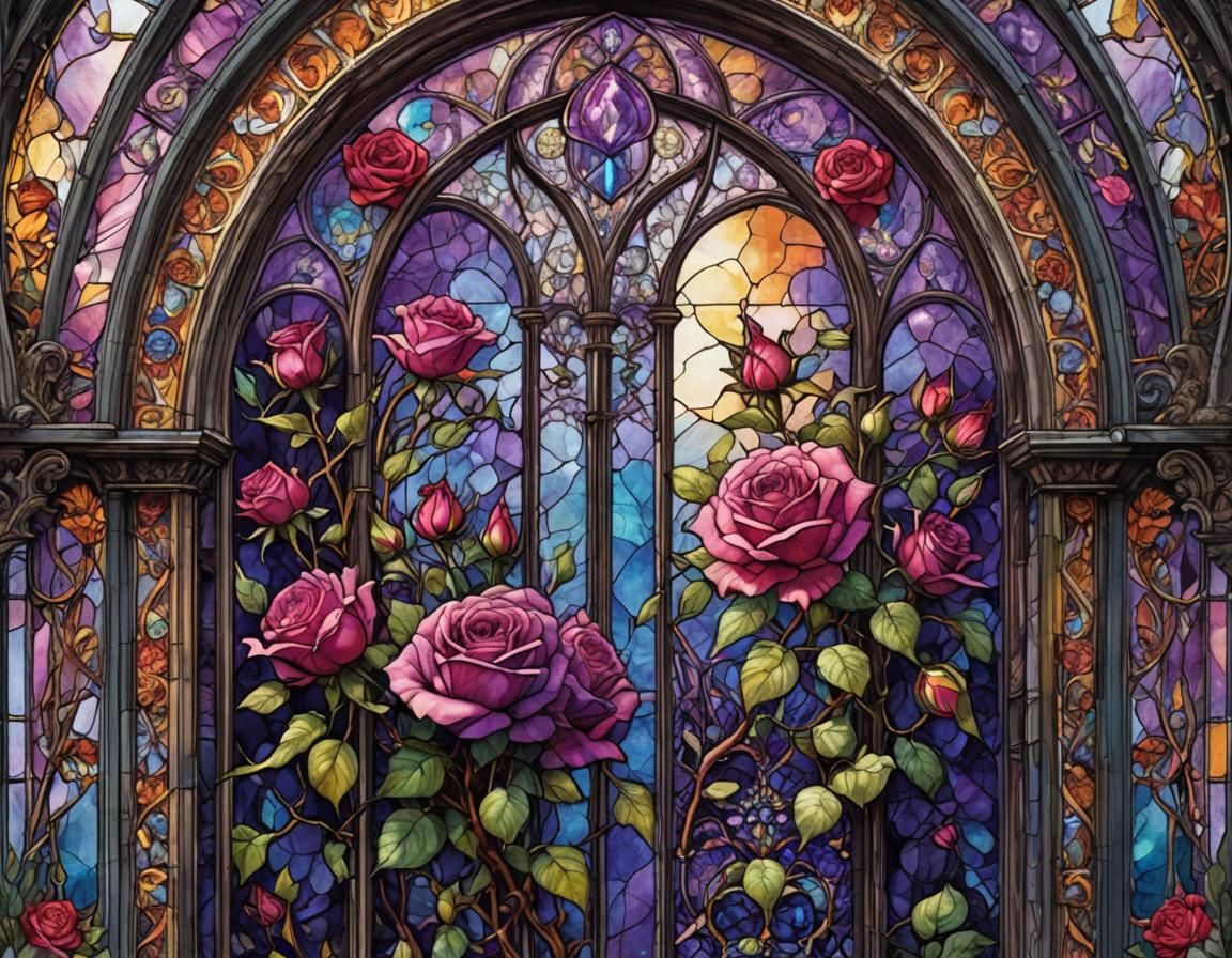Stained Glass Roses with Iridescent Hourglass