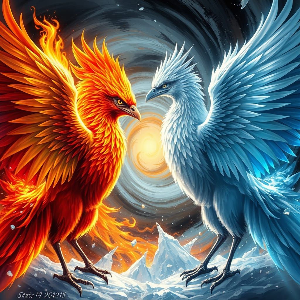 Majestic Phoenixes Engage in a Fiery and Icy Standoff