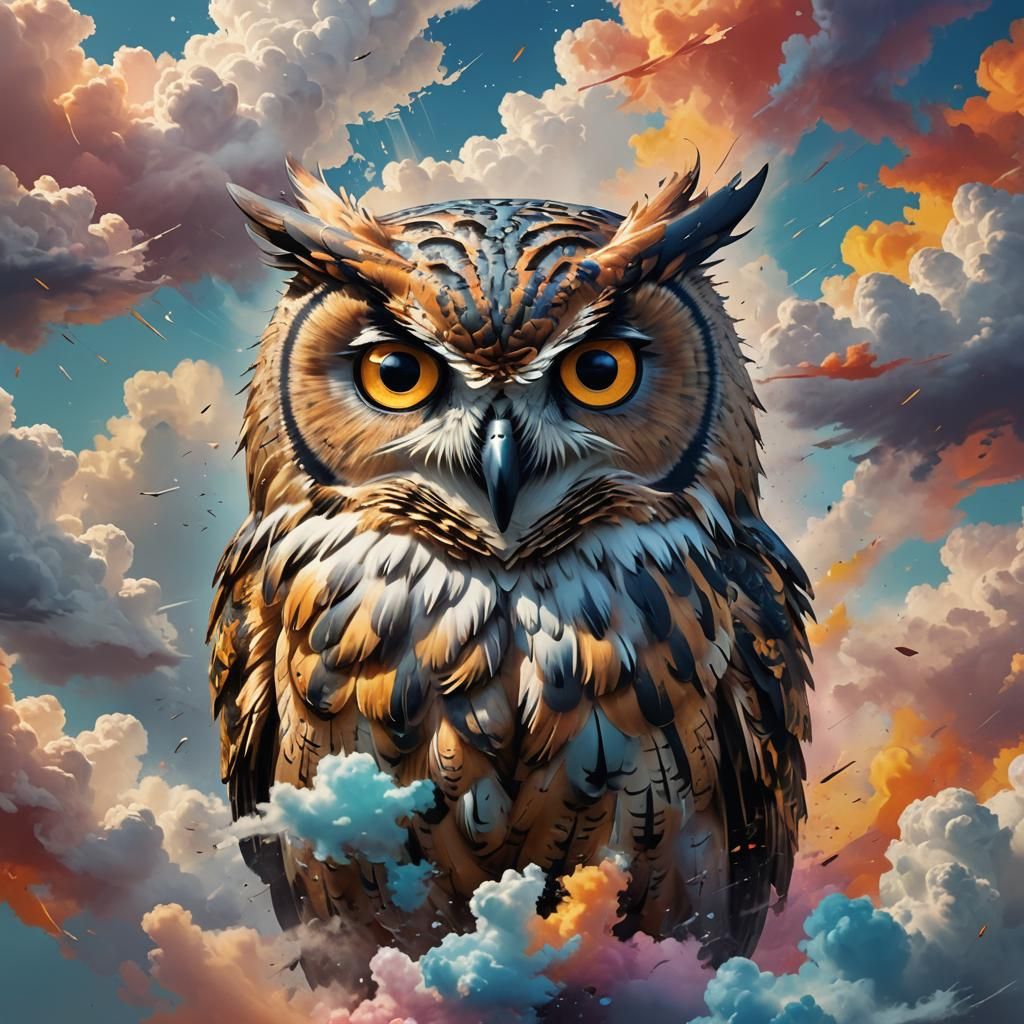 Hyperrealistic Owl Cloud in Splash Art Style