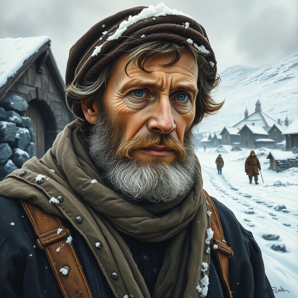 A medieval traveler stands in a desolate, snow-covered coal ...