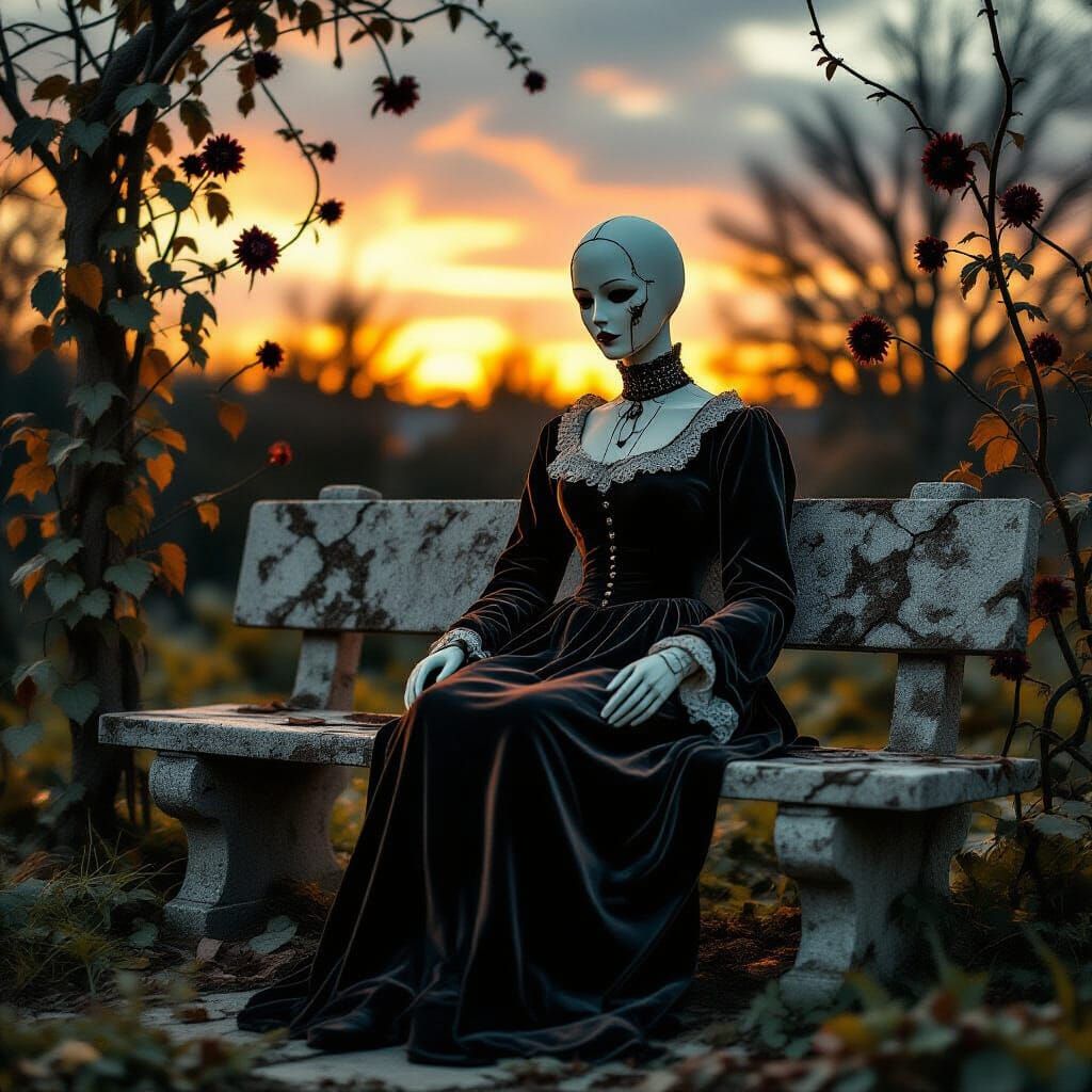 Tattered Mannequin in Twilight Garden, Hyper-Realistic Style