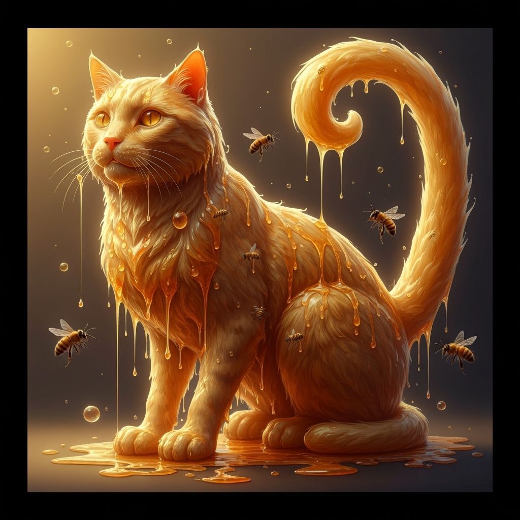 Golden Honey Cat Sculpture Dripping Sweetness with Bees