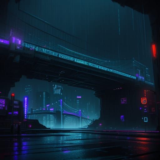 Cyberpunk City String Bridge at Night