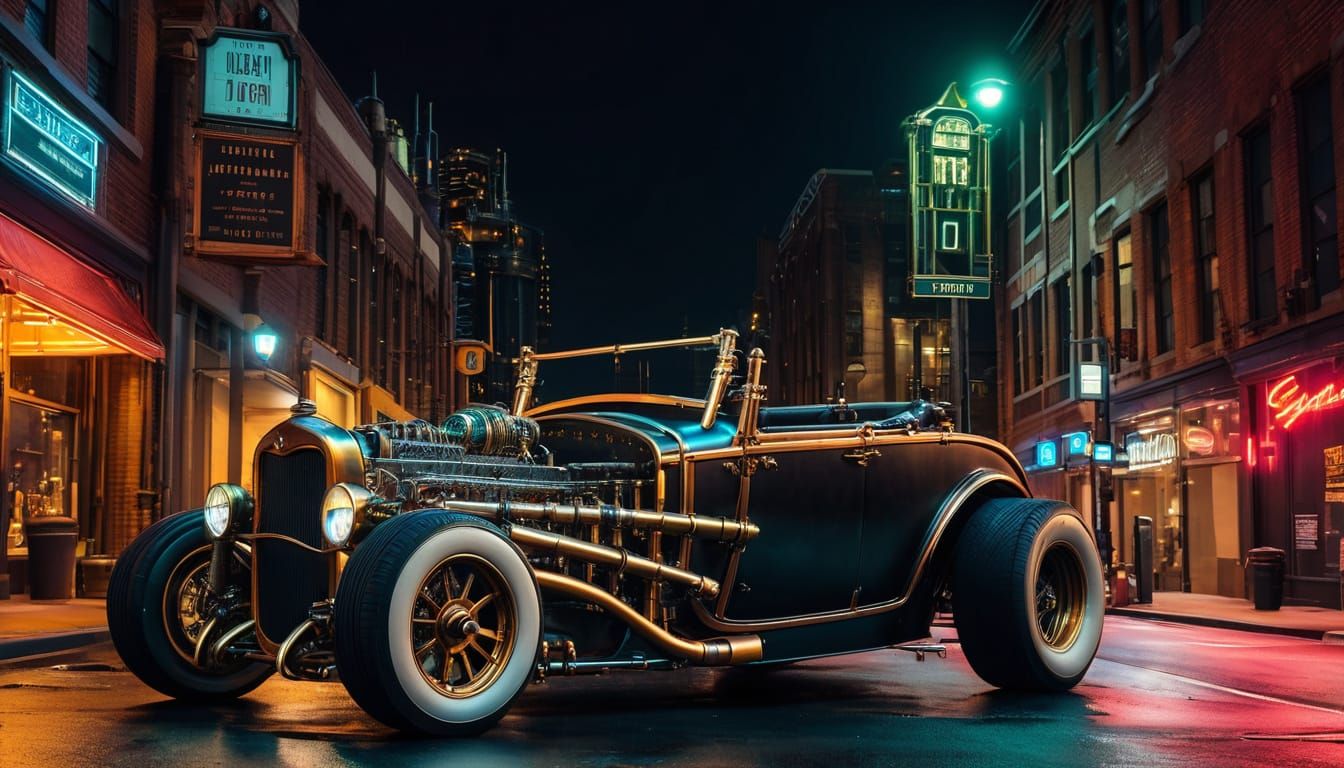 Steampunk Brass Hot Rod Under City Streetlights
