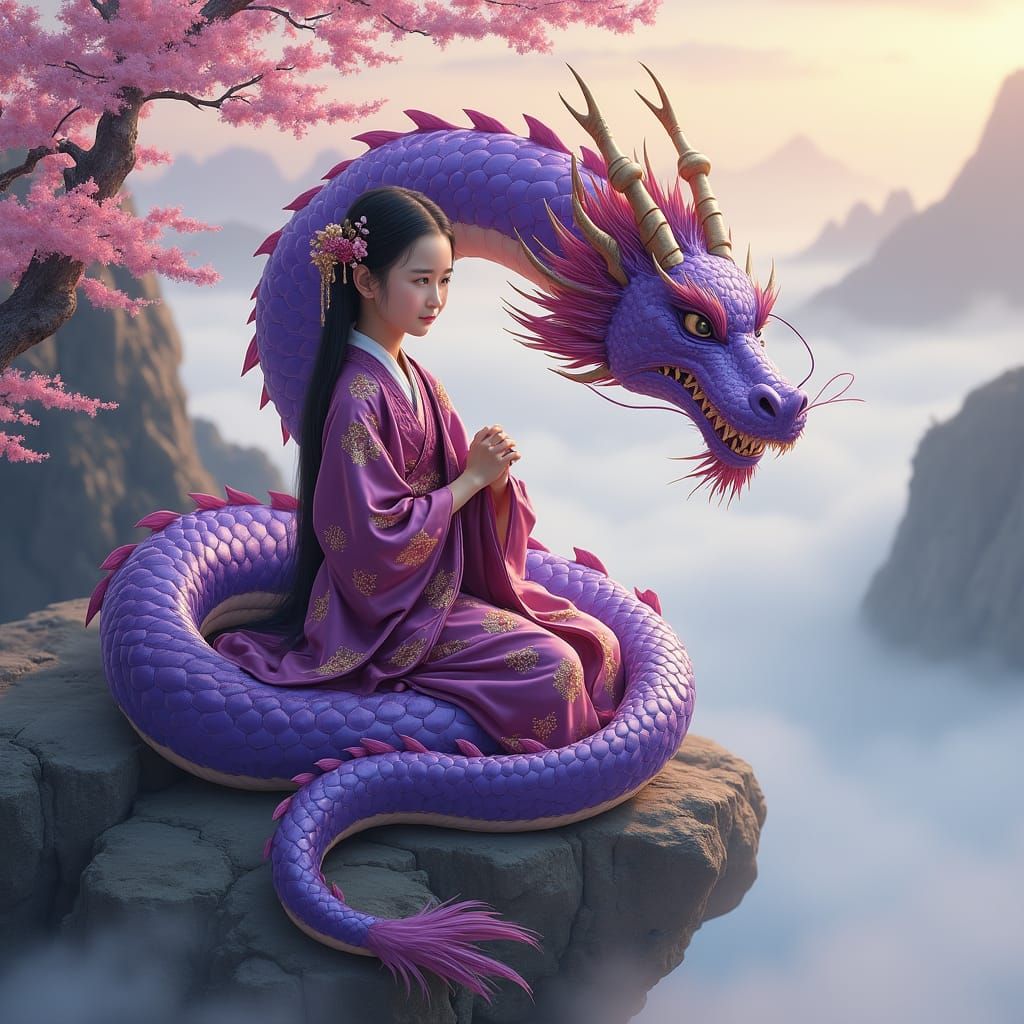 Purple Dragon and Kimono Girl in Dreamy Landscape