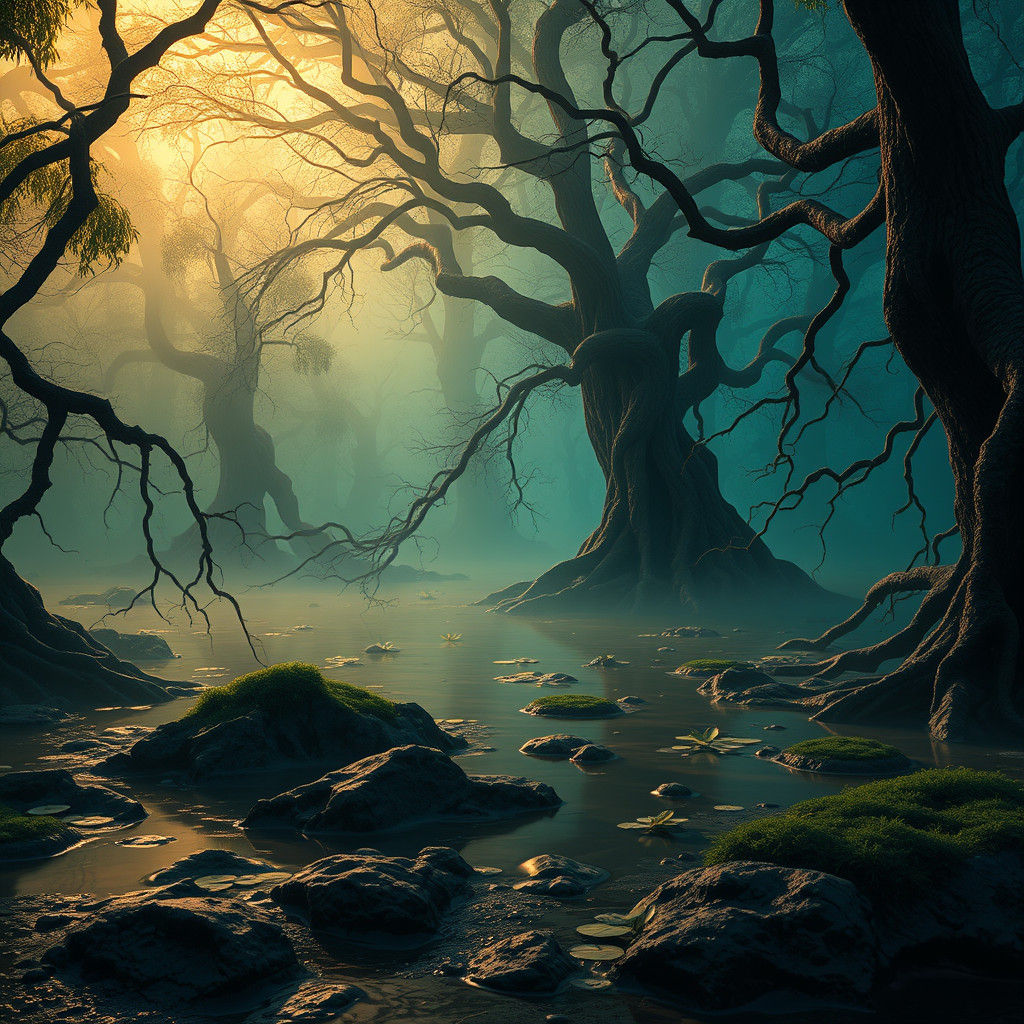 Eerie Swamp Scene in Hyper-Realistic Style