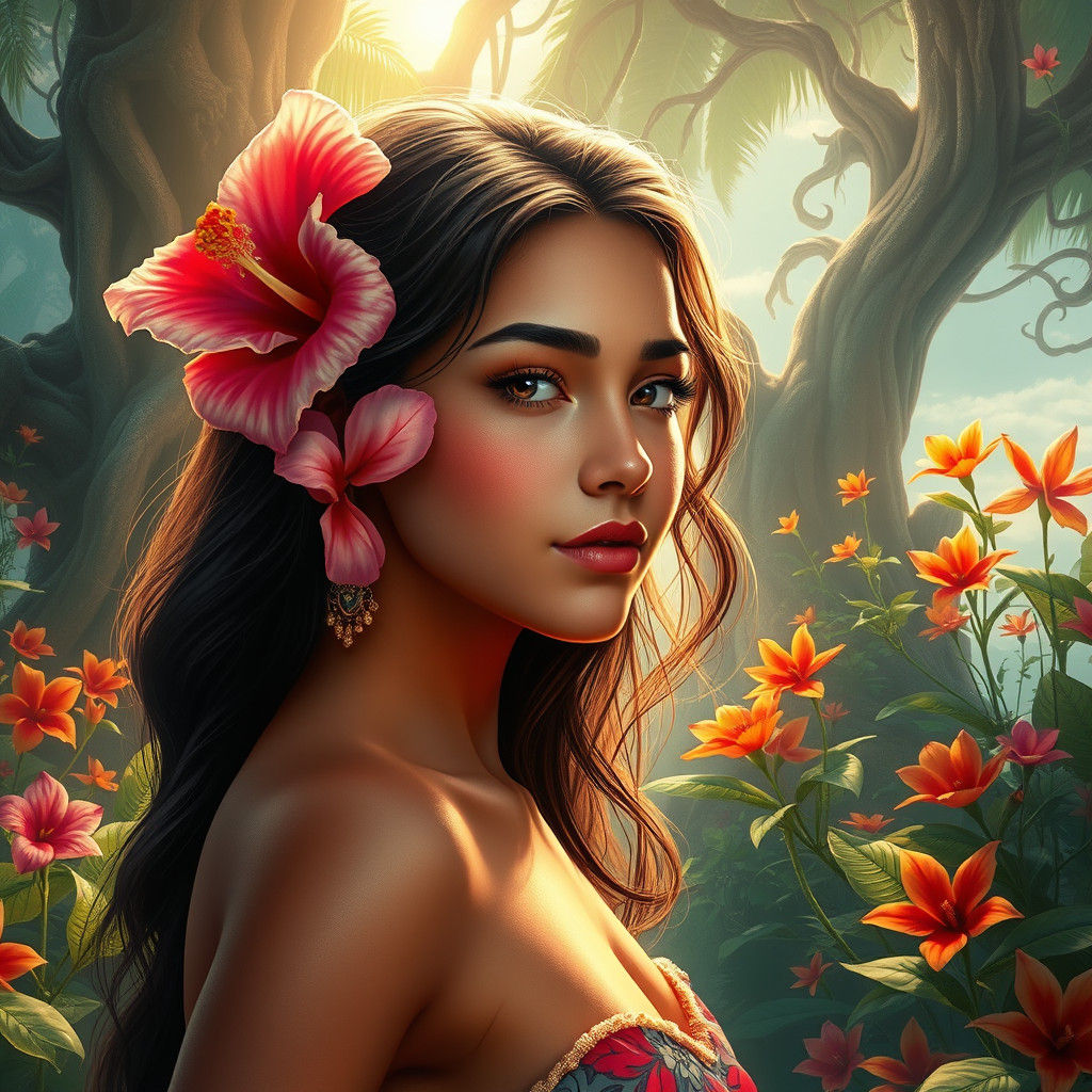 Island Girl in Tropical Paradise, Digital Matte Painting