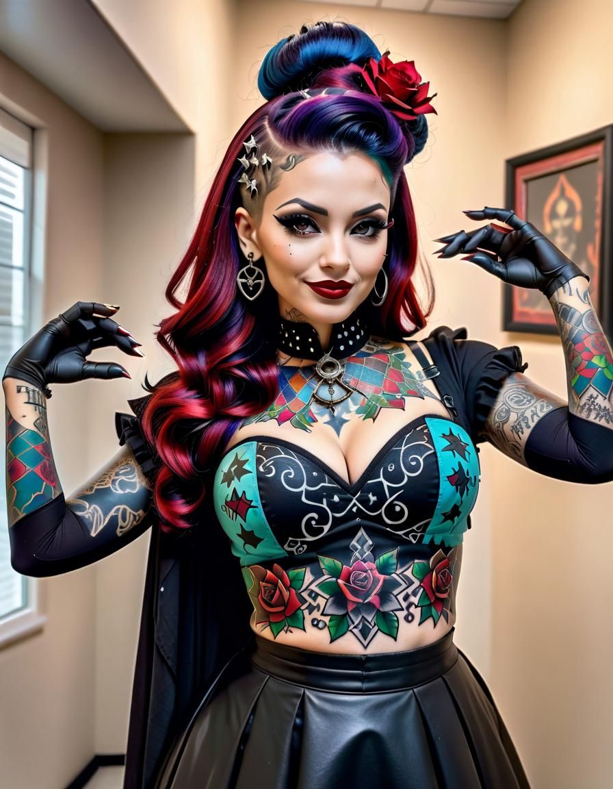 Gothic Latina Pinup with Intricate Tattoo Art