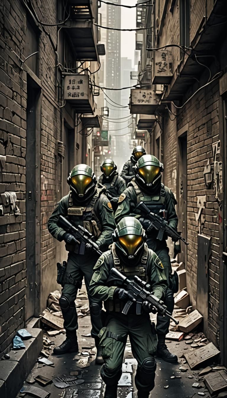 Human Resistance Fighters in Alien-Occupied City