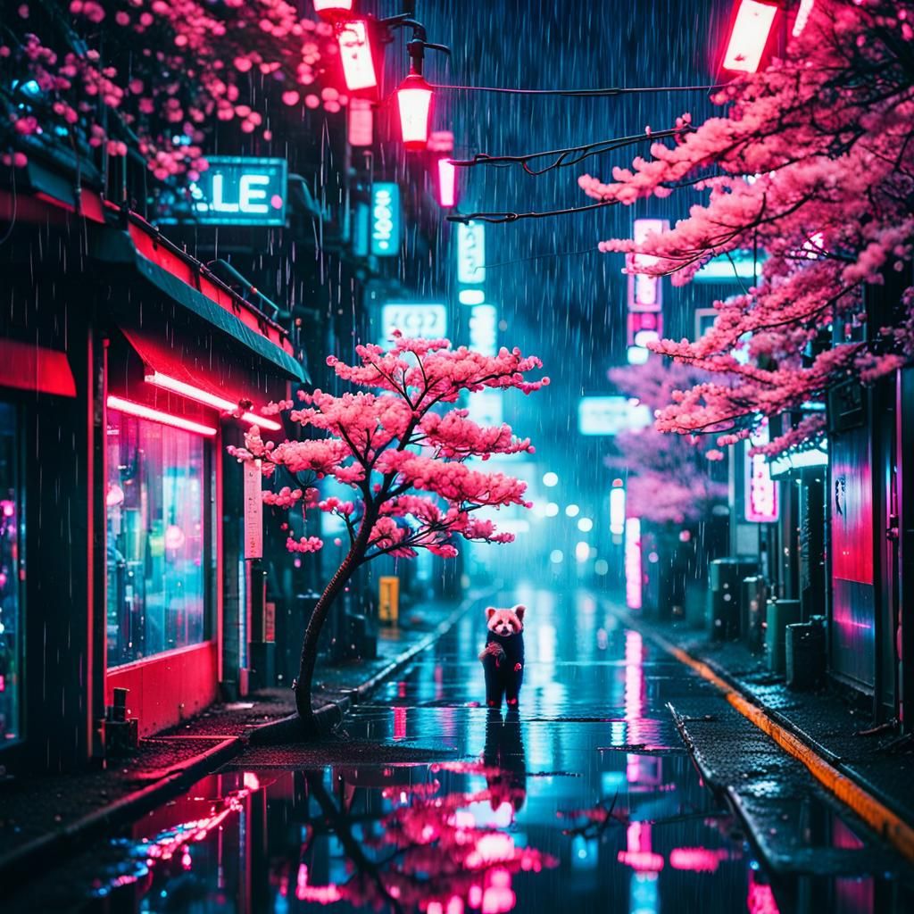 Cyberpunk Red Panda Portrait in Rainy Tokyo
