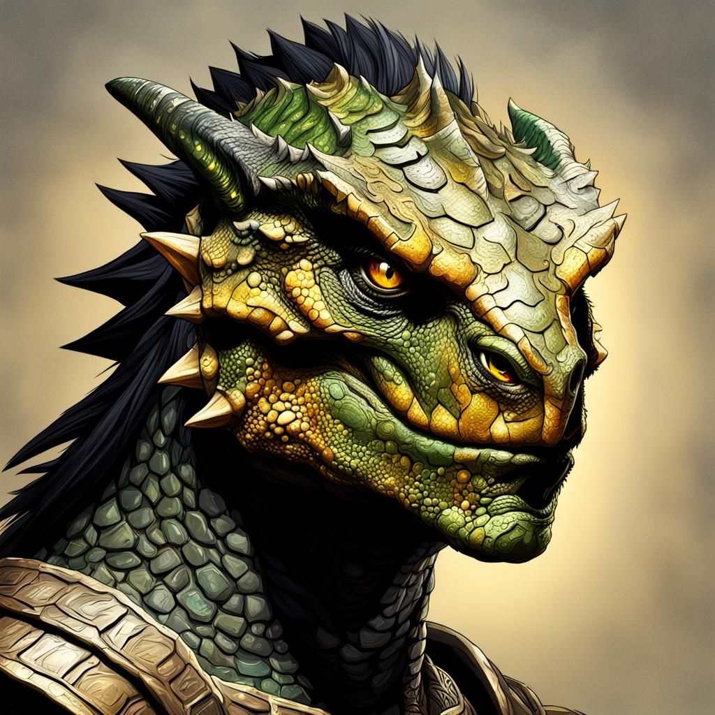 Hyperrealistic Argonian Male with Golden Eyes